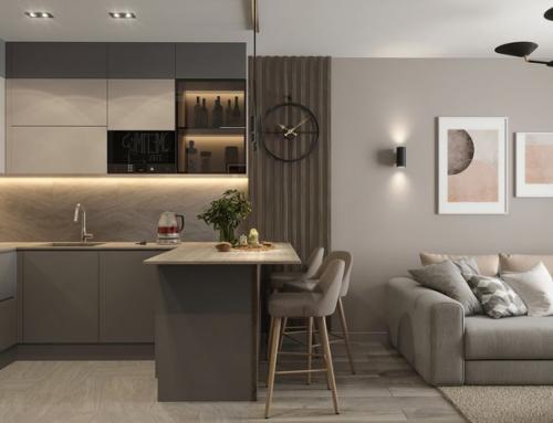Современный монохромный интерьер кухни - гостиной в квартире для молодой семейной пары. 03