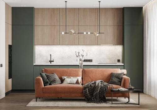 Кухня - гостиная.  Основная концепция проекта - отобразить природу в интерьере, насытить ее натуральными материалами и оттенками. 01