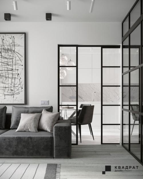 Дизайн гостиной. Гостиная выполнена в серо - белых тонах. 01