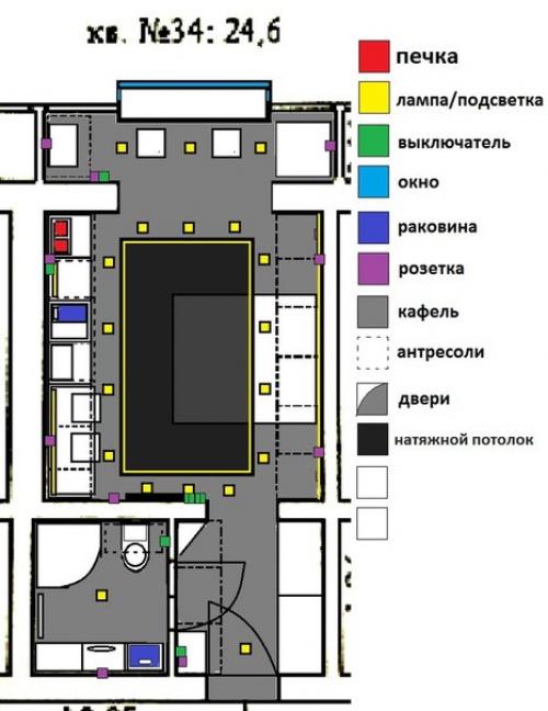 Здравствуйте помогите пожалуйста идеями для интерьера и плана расстановки мебели, кухни и ванны в этой скромной маленькой гостинке в 24, 6 кв? 01