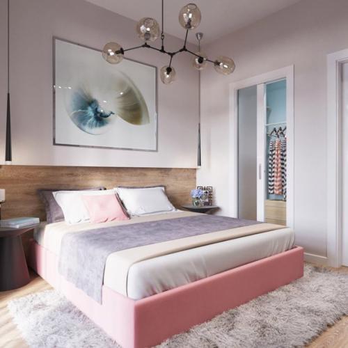 Дизайн этой 1-комнатной квартиры выполнен в бежево - розовых тонах, среди которых встречаются яркие акценты.