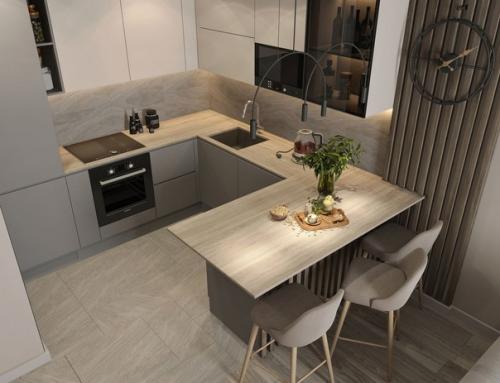 Современный монохромный интерьер кухни - гостиной в квартире для молодой семейной пары. 01