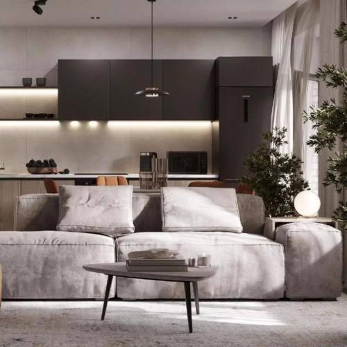 За счет сочетания тёмных и светлых тонов интерьер кухни - гостиной площадью 25 м получился очень выразительным и контрастным. 01