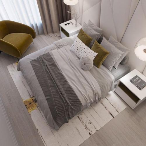 Светлая воздушная спальня с акцентами золотисто - оливкового цвета.