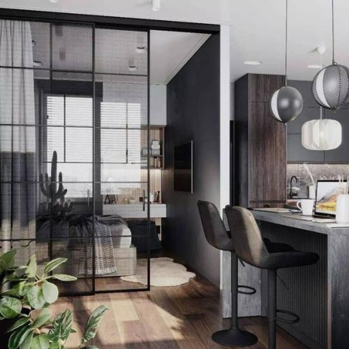 Стильный интерьер студии в серых тонах, в которой удалось разместить все! 03