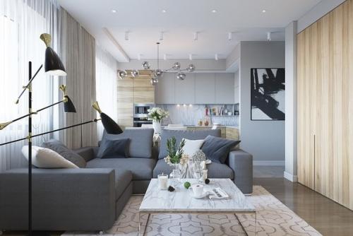 Светлая гостиная - кухня в квартире 90 м 2 из нашего портфолио (работа ученицы. 02