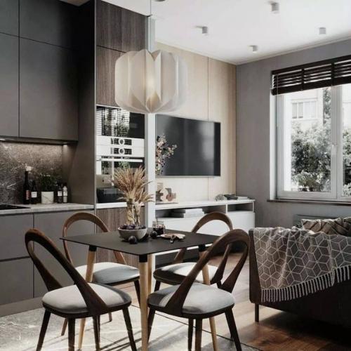 Стильный интерьер студии в серых тонах, в которой удалось разместить все! 01