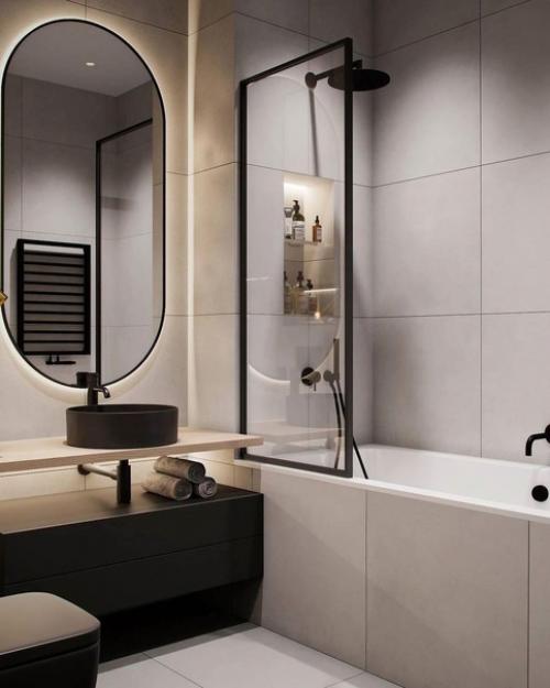 Проект ванной комнаты с чёткими линиями в интерьере и контрастным цветовым решением. 02