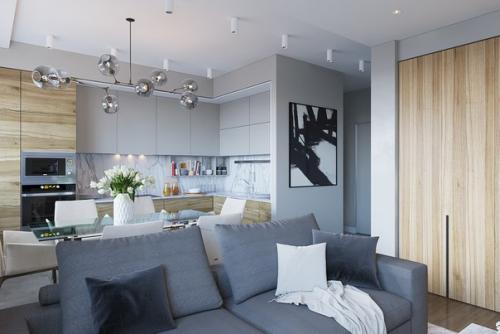 Светлая гостиная - кухня в квартире 90 м 2 из нашего портфолио (работа ученицы.