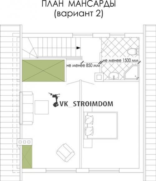Планировка и интерьер мансарды частного дома. 02