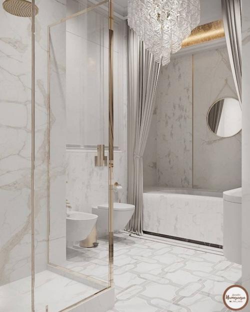 Красивый светлый интерьер ванной комнаты. 01