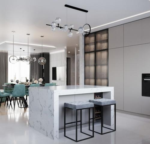 Свежая и лёгкая кухня - гостиная с мятными акцентами. 02