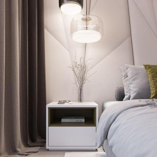 Светлая воздушная спальня с акцентами золотисто - оливкового цвета. 01