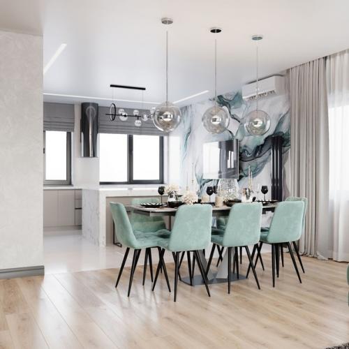Свежая и лёгкая кухня - гостиная с мятными акцентами. 04
