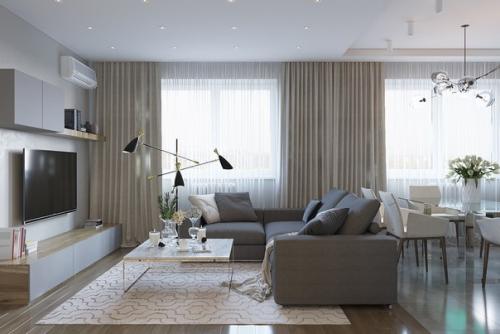 Светлая гостиная - кухня в квартире 90 м 2 из нашего портфолио (работа ученицы. 04