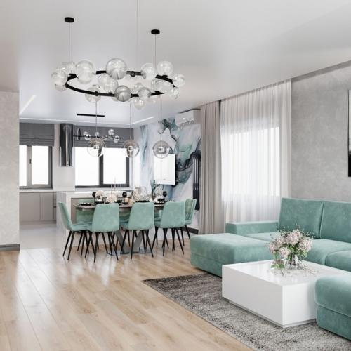 Свежая и лёгкая кухня - гостиная с мятными акцентами. 05