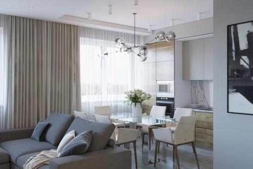 Светлая гостиная - кухня в квартире 90 м 2 из нашего портфолио (работа ученицы. 01