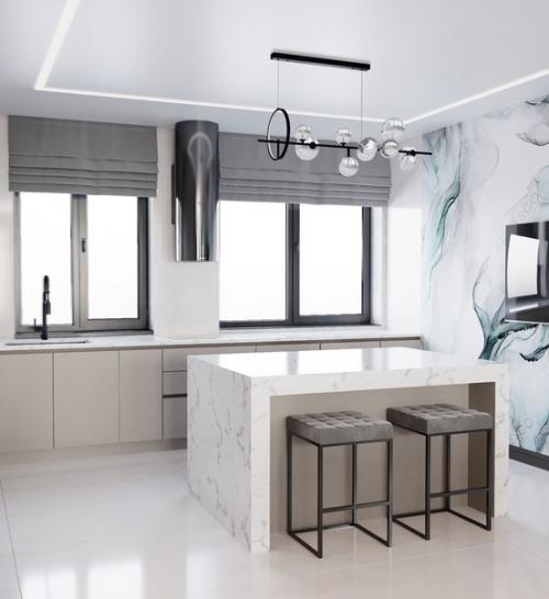 Свежая и лёгкая кухня - гостиная с мятными акцентами. 03