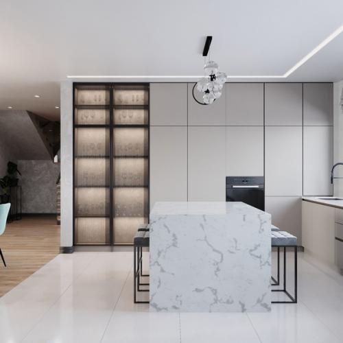 Свежая и лёгкая кухня - гостиная с мятными акцентами. 01