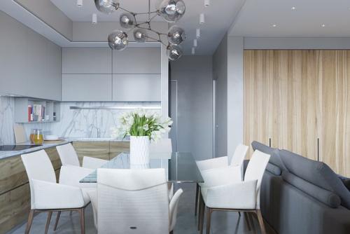 Светлая гостиная - кухня в квартире 90 м 2 из нашего портфолио (работа ученицы. 05