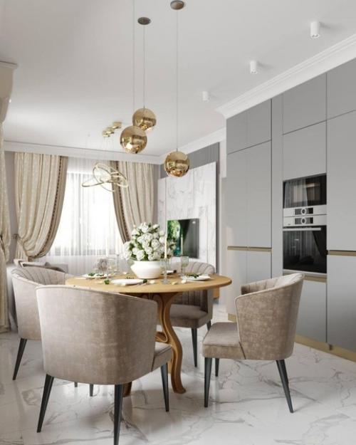 Современный интерьер кухни - гостиной и прихожей из одного проекта. 02