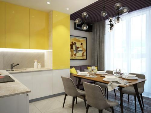 Кухня - гостиная с яркой кухней. 03