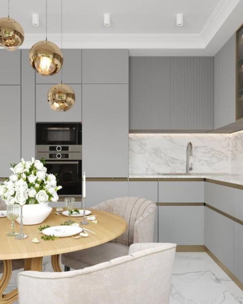 Современный интерьер кухни - гостиной и прихожей из одного проекта. 01