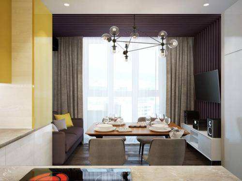 Кухня - гостиная с яркой кухней. 02