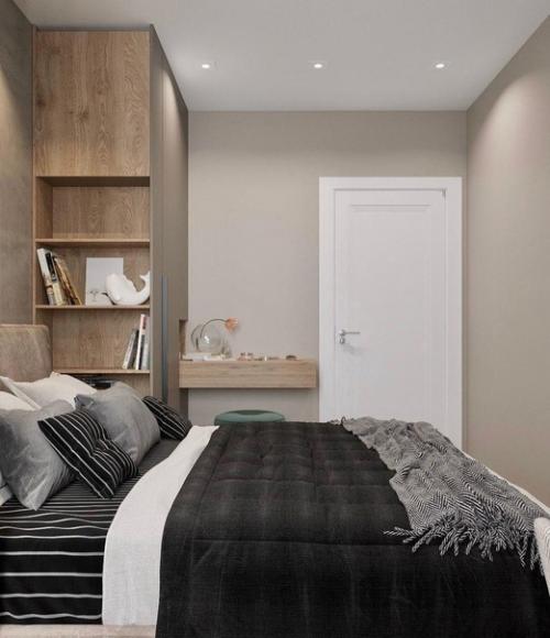 Этот проект спальни в кремовых оттенках очень хорошо продуман дизайнером. 01