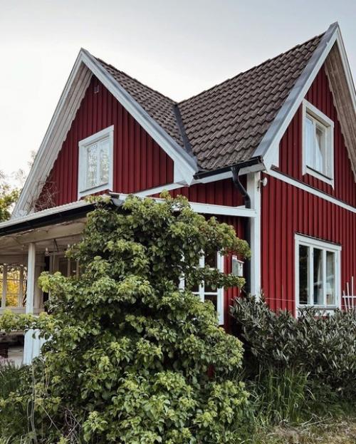 Уютный красный дом с шикарными цветочными обоями в главной спальне и красивой лепниной на потолке в гостиной. 08