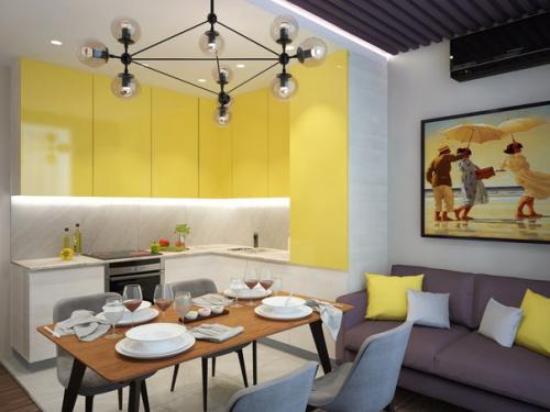 Кухня - гостиная с яркой кухней. 01