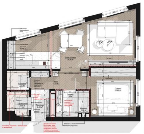 Светлый проект 1-комнатной квартиры нестандартной планировки 53 м 2 в Москве. 09