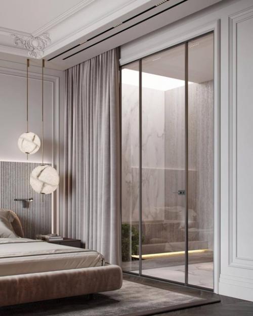Шикарный проект спальни с ванной комнатой (за стеклянными перегородками) и гардеробной в современном стиле общая площадь - 37 кв. 02