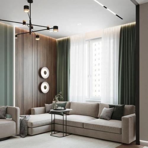 Интерьер кухни - гостиной и коридора в одинаковом цветовом сочетании и площадью 33 кв. 02