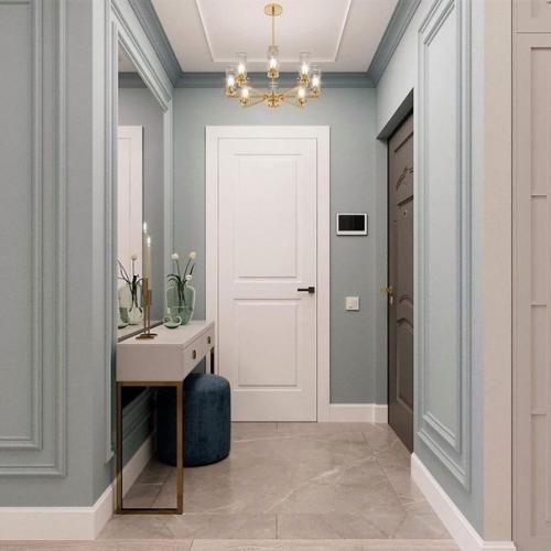 Проект квартиры, в котором сочетаются нежно-голубой с оттенками бежевого и белого цвета. 06