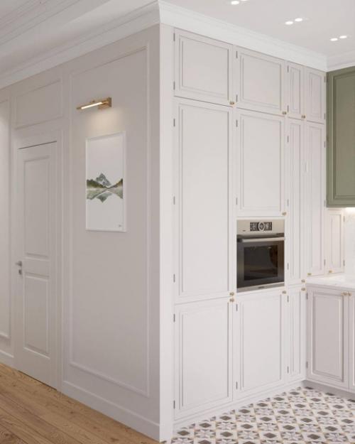 Интересное цветовое решение в интерьере кухни - гостиной в стиле неоклассика. 06