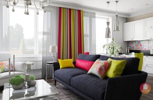 Яркий эклектичный интерьер кухни - гостиной. 01