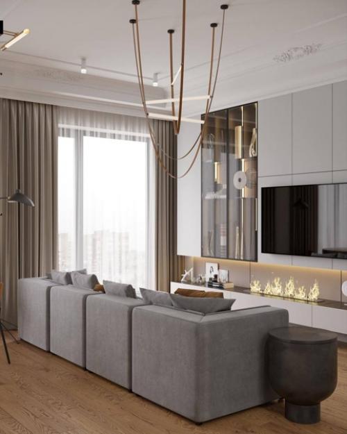 Интересное цветовое решение в интерьере кухни - гостиной в стиле неоклассика. 03