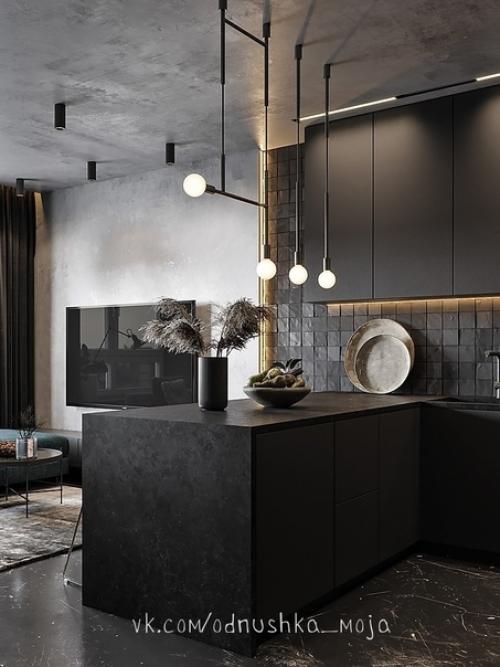 Интерьер однокомнатной квартиры в стиле лофт с имитацией бетонных поверхностей. 02