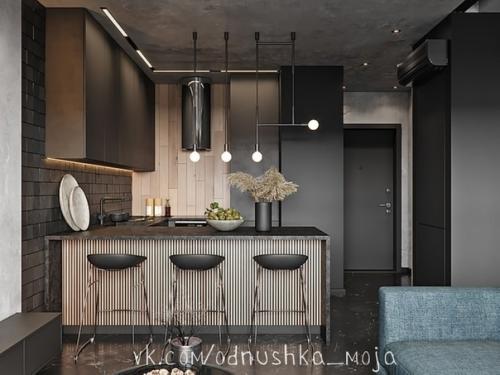 Интерьер однокомнатной квартиры в стиле лофт с имитацией бетонных поверхностей. 01