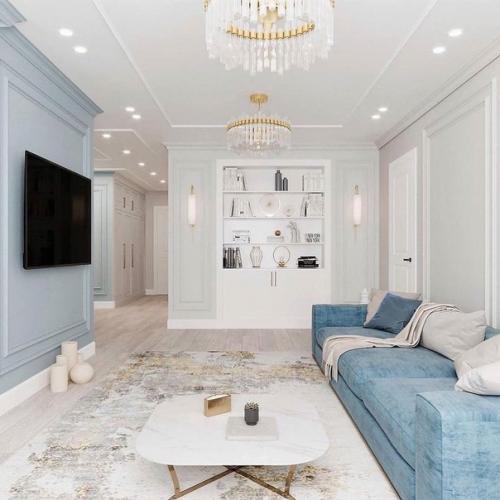 Проект квартиры, в котором сочетаются нежно-голубой с оттенками бежевого и белого цвета. 02