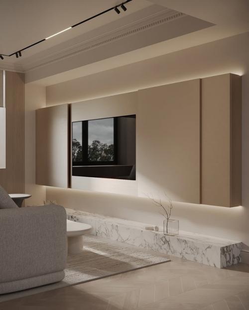 Гостиная - это сочетание французской классики и минимализма: светлая палитра, архитектурные линии и внимание к деталям. 04