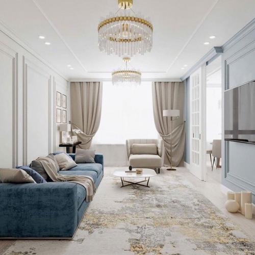 Проект квартиры, в котором сочетаются нежно-голубой с оттенками бежевого и белого цвета. 01