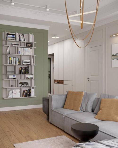 Интересное цветовое решение в интерьере кухни - гостиной в стиле неоклассика. 02