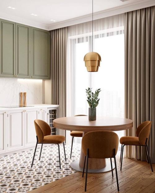 Интересное цветовое решение в интерьере кухни - гостиной в стиле неоклассика. 04