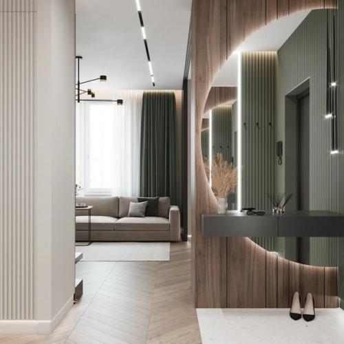 Интерьер кухни - гостиной и коридора в одинаковом цветовом сочетании и площадью 33 кв. 05