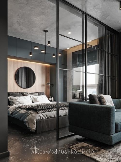 Интерьер однокомнатной квартиры в стиле лофт с имитацией бетонных поверхностей. 05