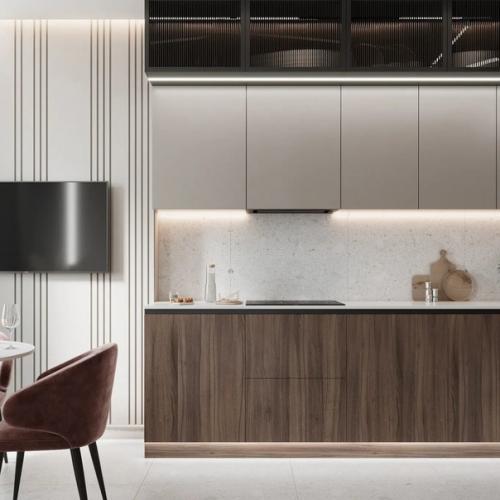 Интерьер кухни - гостиной и коридора в одинаковом цветовом сочетании и площадью 33 кв. 01