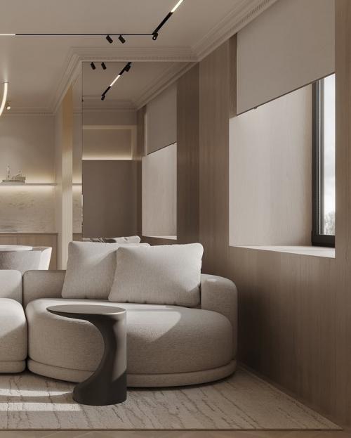 Гостиная - это сочетание французской классики и минимализма: светлая палитра, архитектурные линии и внимание к деталям. 03