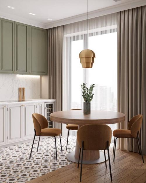 Интересное цветовое решение в интерьере кухни - гостиной в стиле неоклассика. 01